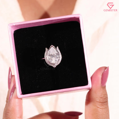 Pear Moissanite Lotus Halo Anniversary Ring, Compass Set Pointed Halo Statement Band