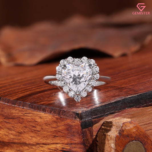 Heart Shape Moissanite Halo Promise Ring, Anniversary Gift Heart Diamond Statement Ring