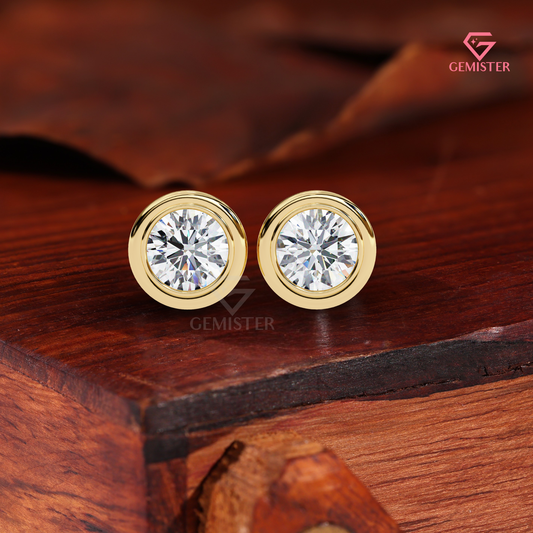 Round Bezel Cut Lab Grown Diamond Earrings, 14K Gold Studs, Minimalist Fine Jewelry