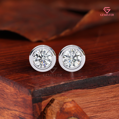Round Bezel Cut Lab Grown Diamond Earrings, 14K Gold Studs, Minimalist Fine Jewelry