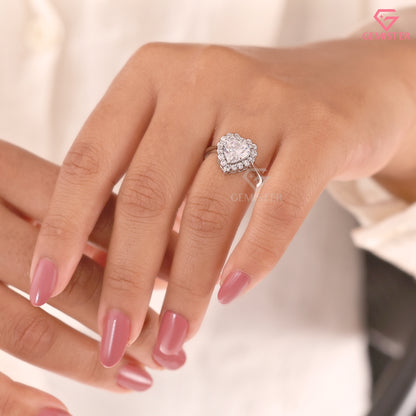 Heart Shape Moissanite Halo Promise Ring, Anniversary Gift Heart Diamond Statement Ring