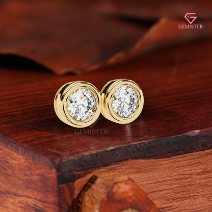 Round Bezel Cut Lab Grown Diamond Earrings, 14K Gold Studs, Minimalist Fine Jewelry