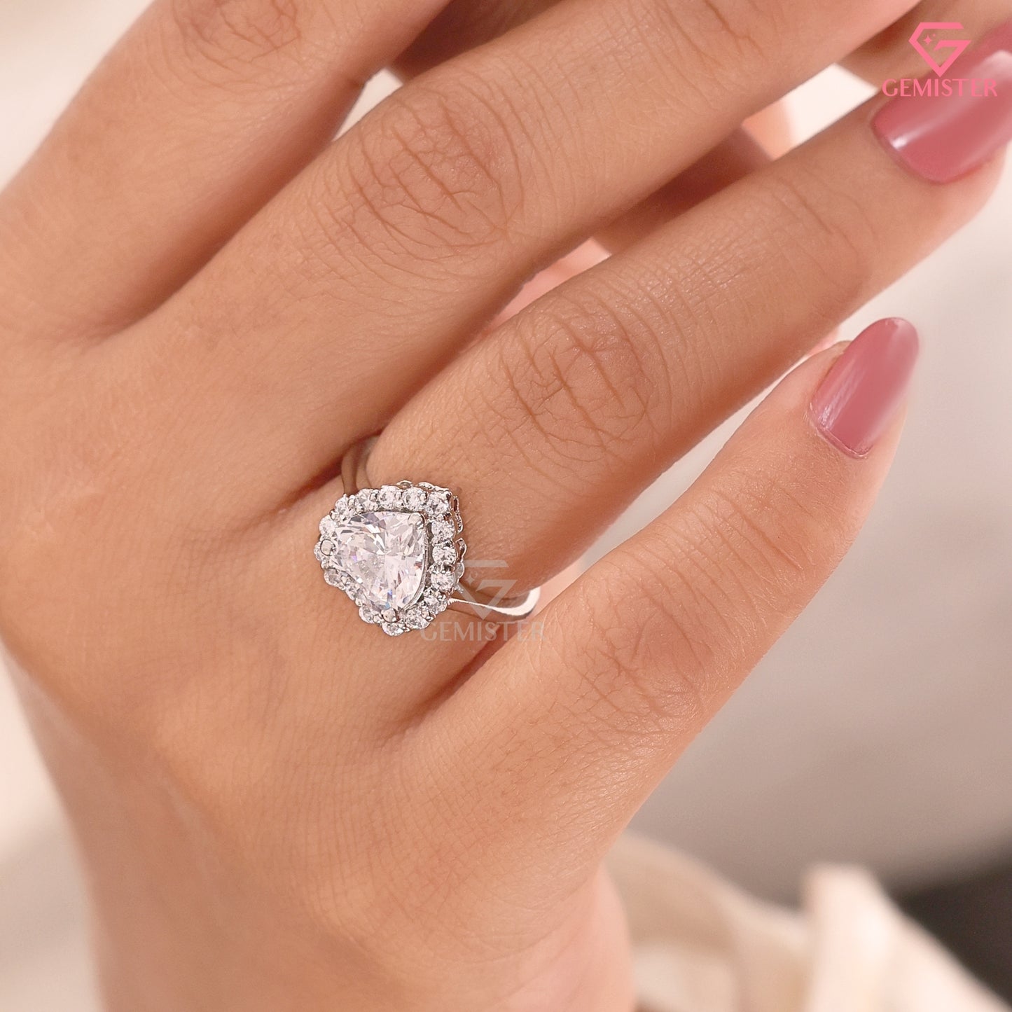 Heart Shape Moissanite Halo Promise Ring, Anniversary Gift Heart Diamond Statement Ring