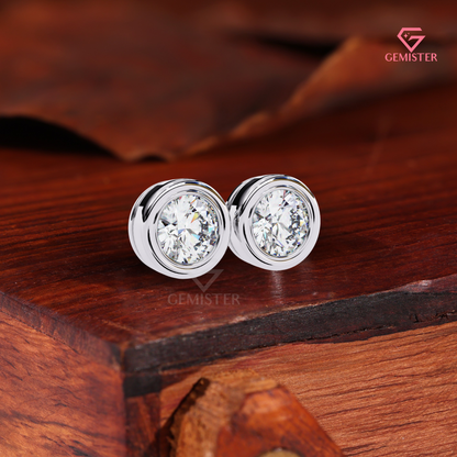 Round Bezel Cut Lab Grown Diamond Earrings, 14K Gold Studs, Minimalist Fine Jewelry