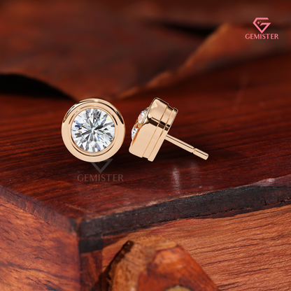Round Bezel Cut Lab Grown Diamond Earrings, 14K Gold Studs, Minimalist Fine Jewelry