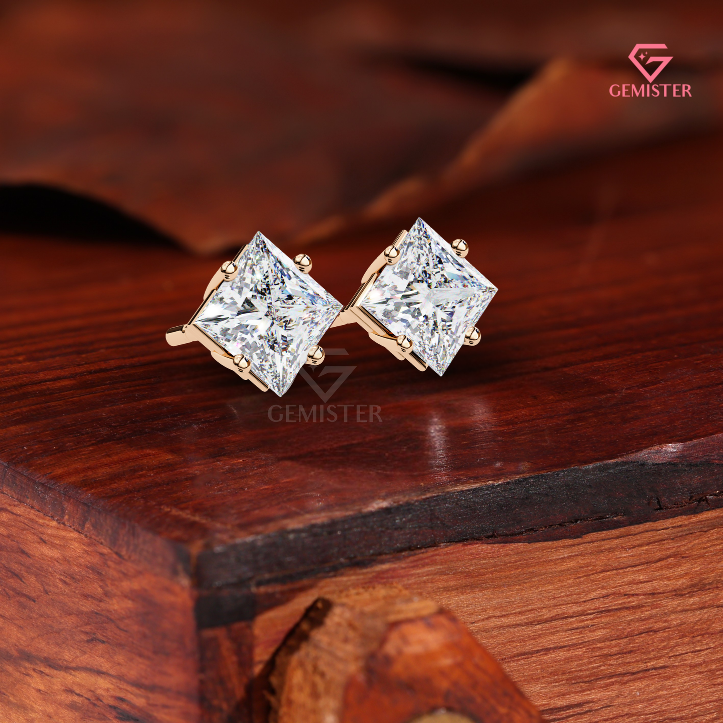 Princess-Cut Moissanite Kite-Set Stud Earrings in 14K Gold