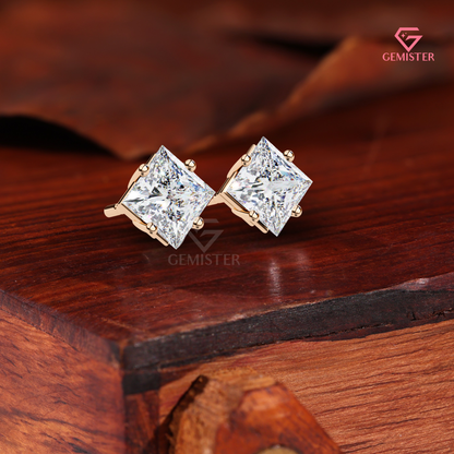 Princess-Cut Moissanite Kite-Set Stud Earrings in 14K Gold