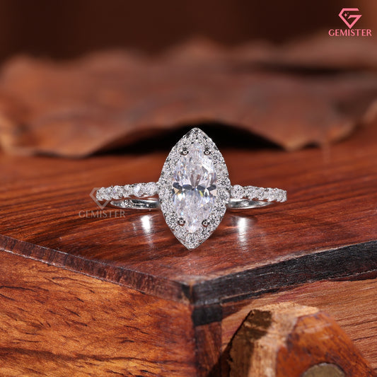 Marquise Moissanite Brilliant Halo Ring, Vintage Style Elongated Statement Anniversary Band