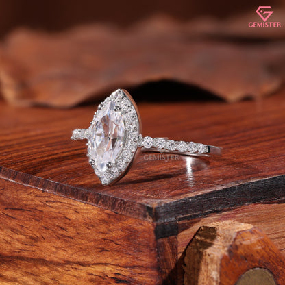 Marquise Moissanite Brilliant Halo Ring, Vintage Style Elongated Statement Anniversary Band