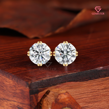 Round Brilliant-Cut Moissanite Compass Double-Prong Studs | 14K Gold