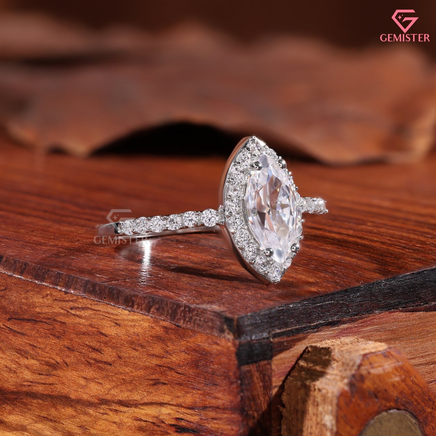 Marquise Moissanite Brilliant Halo Ring, Vintage Style Elongated Statement Anniversary Band