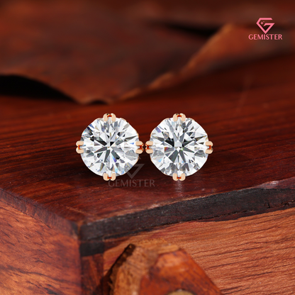 Round Brilliant-Cut Moissanite Compass Double-Prong Studs | 14K Gold