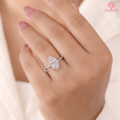 Marquise Moissanite Brilliant Halo Ring, Vintage Style Elongated Statement Anniversary Band