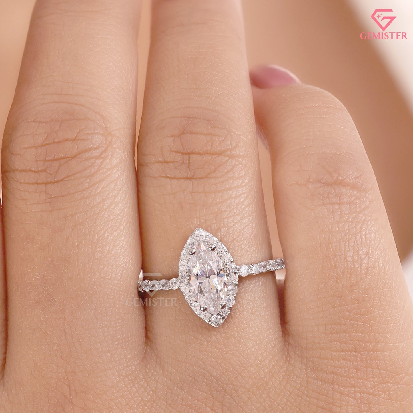 Marquise Moissanite Brilliant Halo Ring, Vintage Style Elongated Statement Anniversary Band