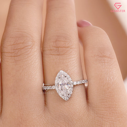 Marquise Moissanite Brilliant Halo Ring, Vintage Style Elongated Statement Anniversary Band