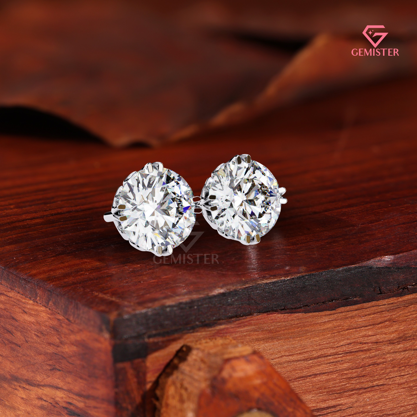Round Brilliant-Cut Moissanite Compass Double-Prong Studs | 14K Gold