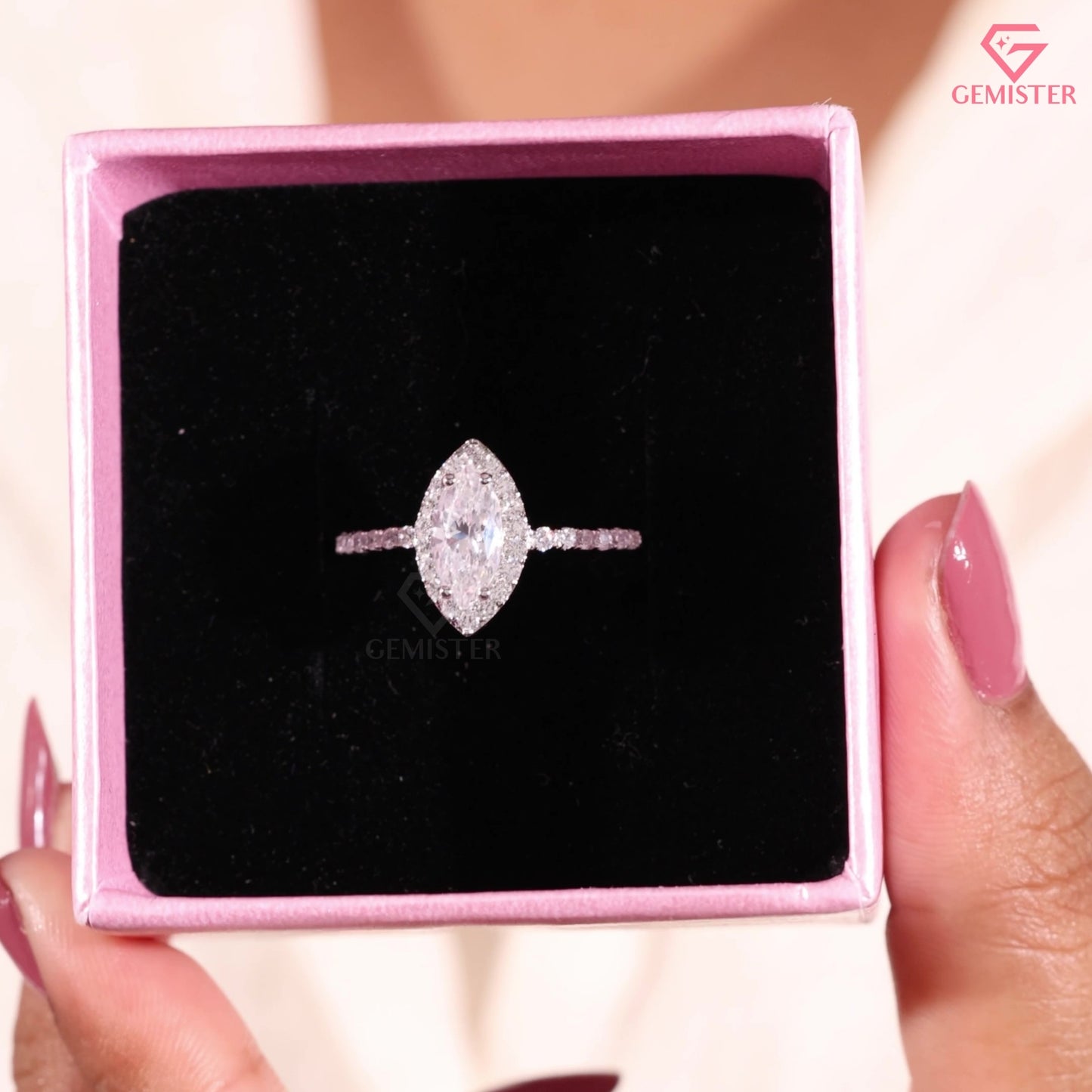 Marquise Moissanite Brilliant Halo Ring, Vintage Style Elongated Statement Anniversary Band