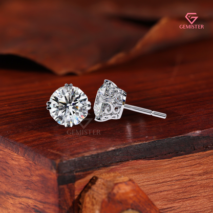 Round Brilliant-Cut Moissanite Compass Double-Prong Studs | 14K Gold