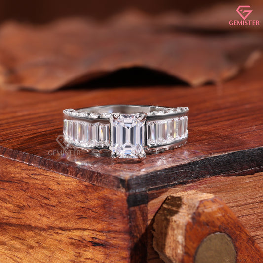 Emerald Cut Diamond Baguette Band Engagement Ring in 14K White Gold