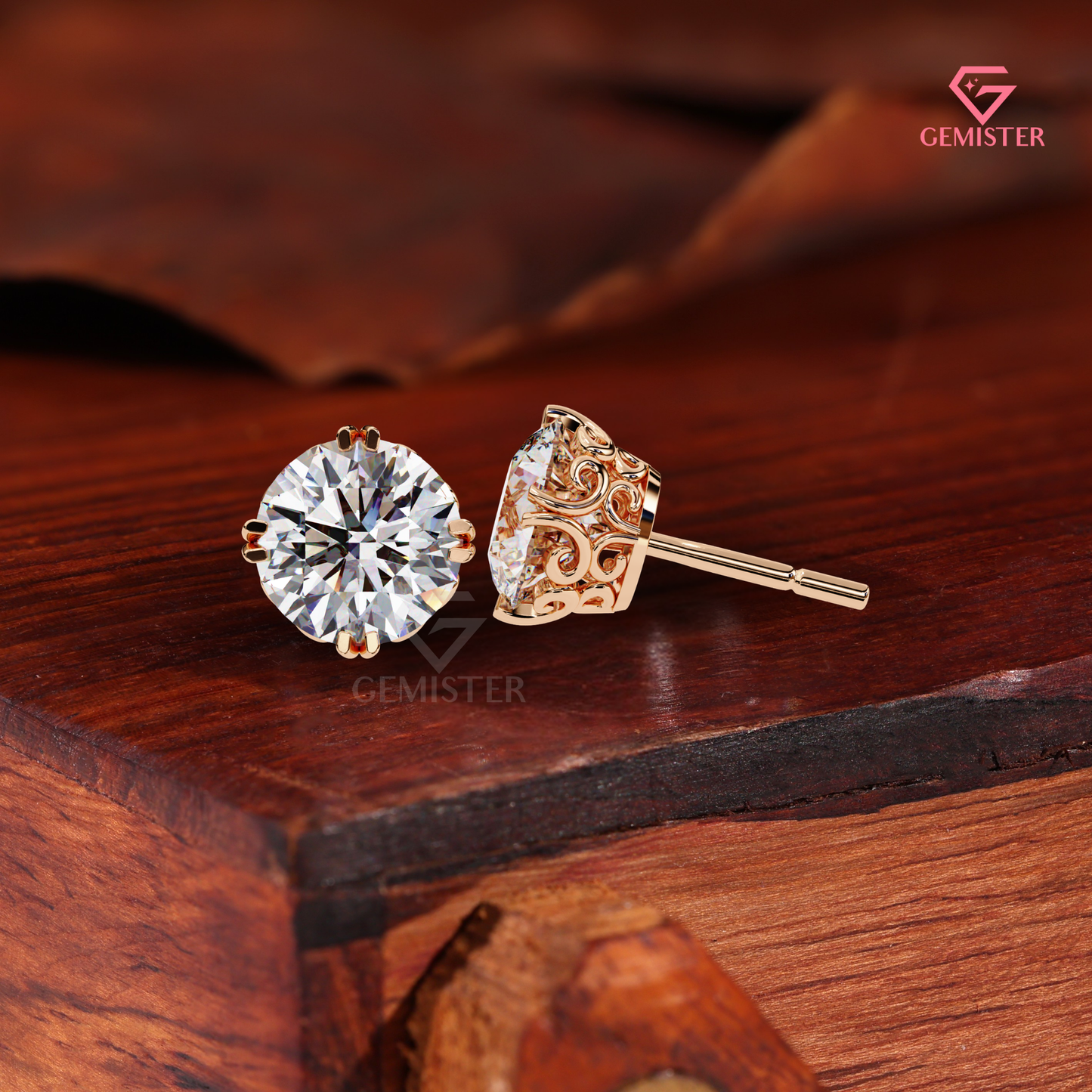 Round Brilliant-Cut Moissanite Compass Double-Prong Studs | 14K Gold