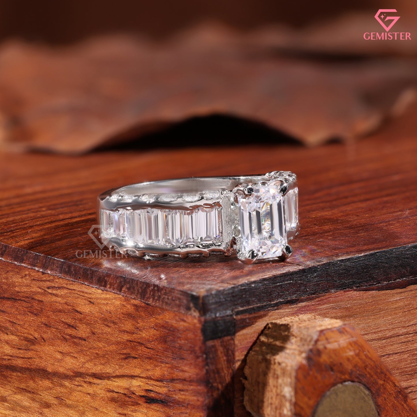 Emerald Cut Diamond Baguette Band Engagement Ring in 14K White Gold
