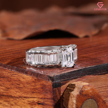Emerald Cut Diamond Baguette Band Engagement Ring in 14K White Gold