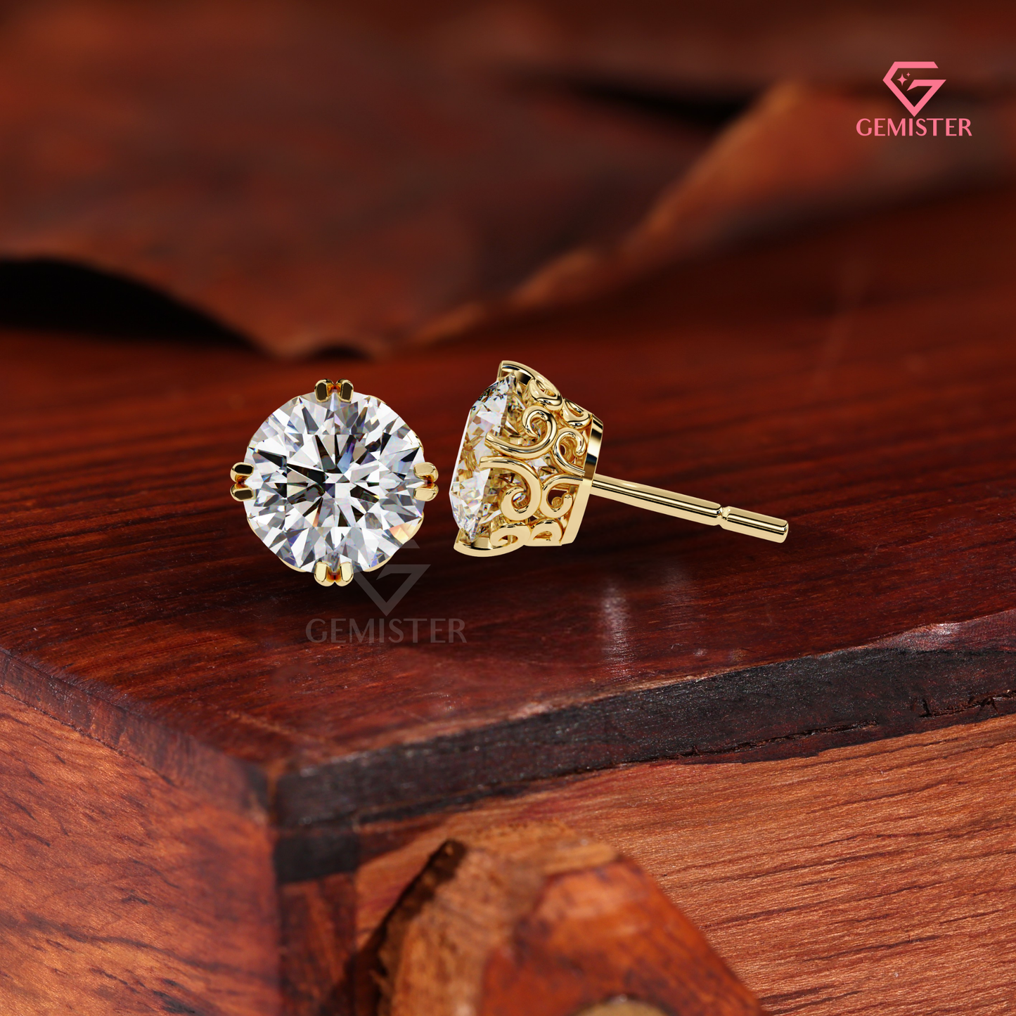 Round Brilliant-Cut Moissanite Compass Double-Prong Studs | 14K Gold