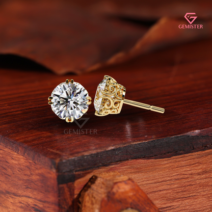 Round Brilliant-Cut Moissanite Compass Double-Prong Studs | 14K Gold