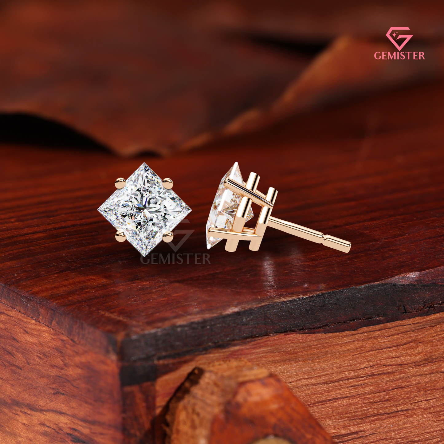 Princess-Cut Moissanite Kite-Set Stud Earrings in 14K Gold