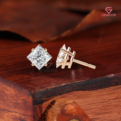 Princess-Cut Moissanite Kite-Set Stud Earrings in 14K Gold