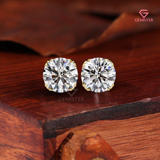 Round Brilliant-Cut Moissanite Double-Prong Stud Earrings | 14K Gold