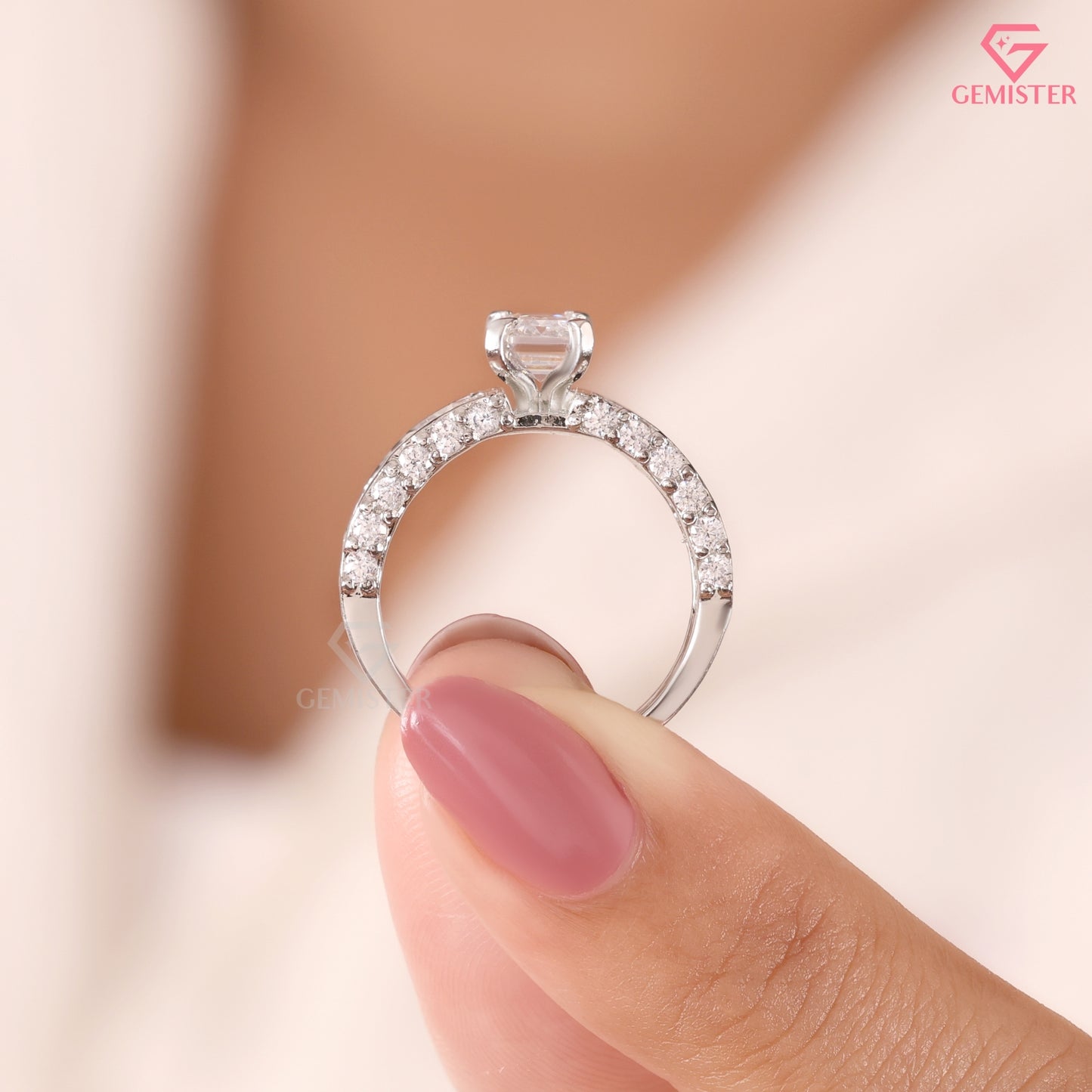 Emerald Cut Diamond Baguette Band Engagement Ring in 14K White Gold