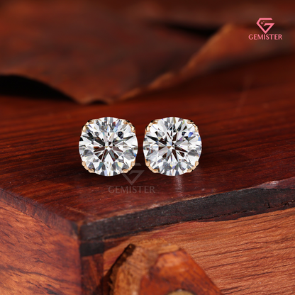Round Brilliant-Cut Moissanite Double-Prong Stud Earrings | 14K Gold