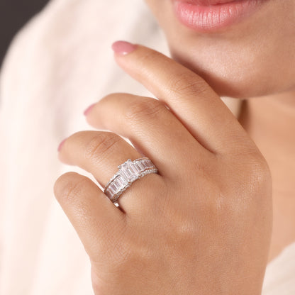 Emerald Cut Diamond Baguette Band Engagement Ring in 14K White Gold