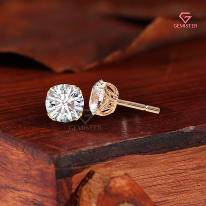 Round Brilliant-Cut Moissanite Double-Prong Stud Earrings | 14K Gold