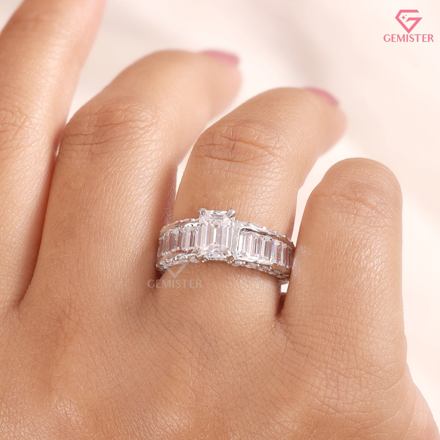 Emerald Cut Diamond Baguette Band Engagement Ring in 14K White Gold