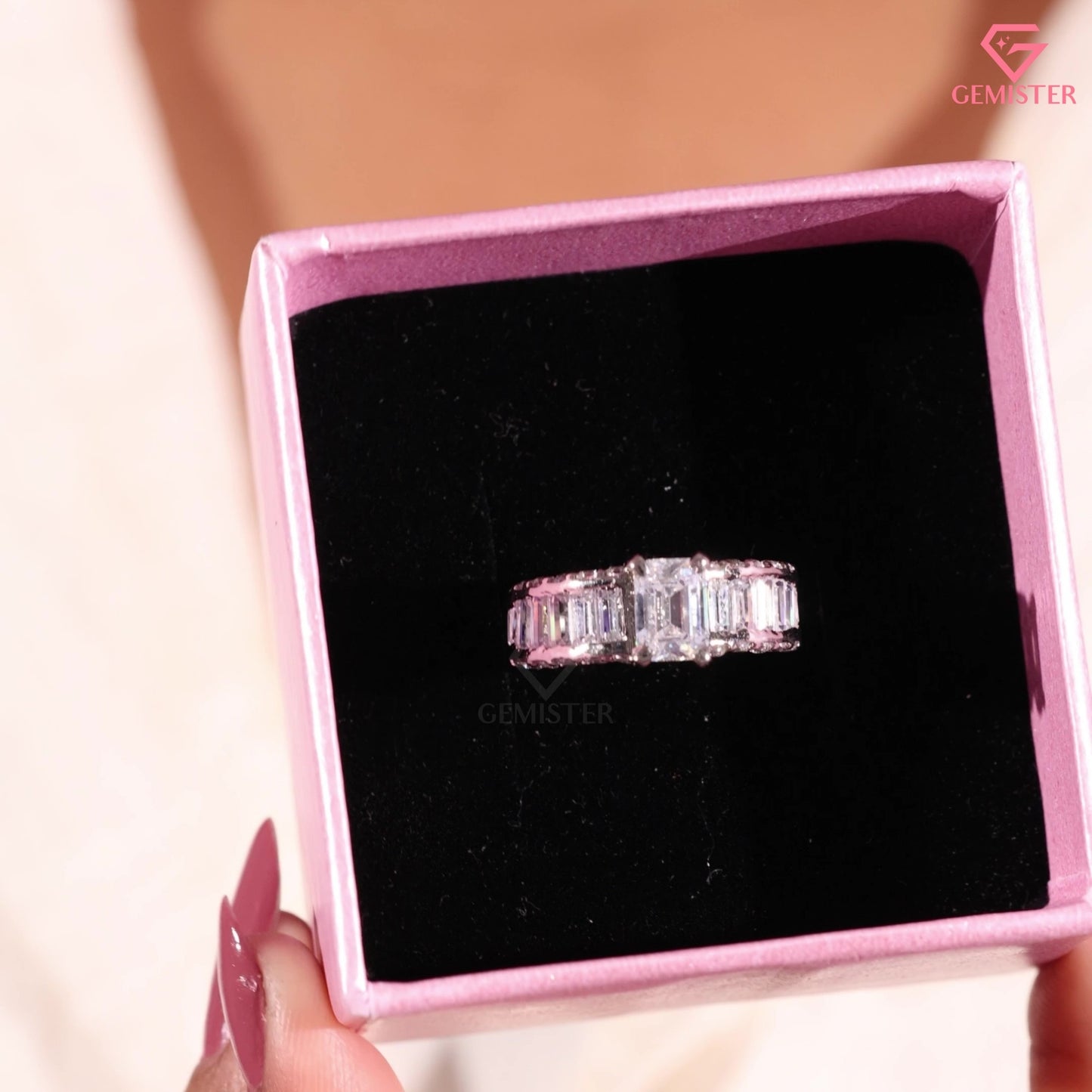 Emerald Cut Diamond Baguette Band Engagement Ring in 14K White Gold