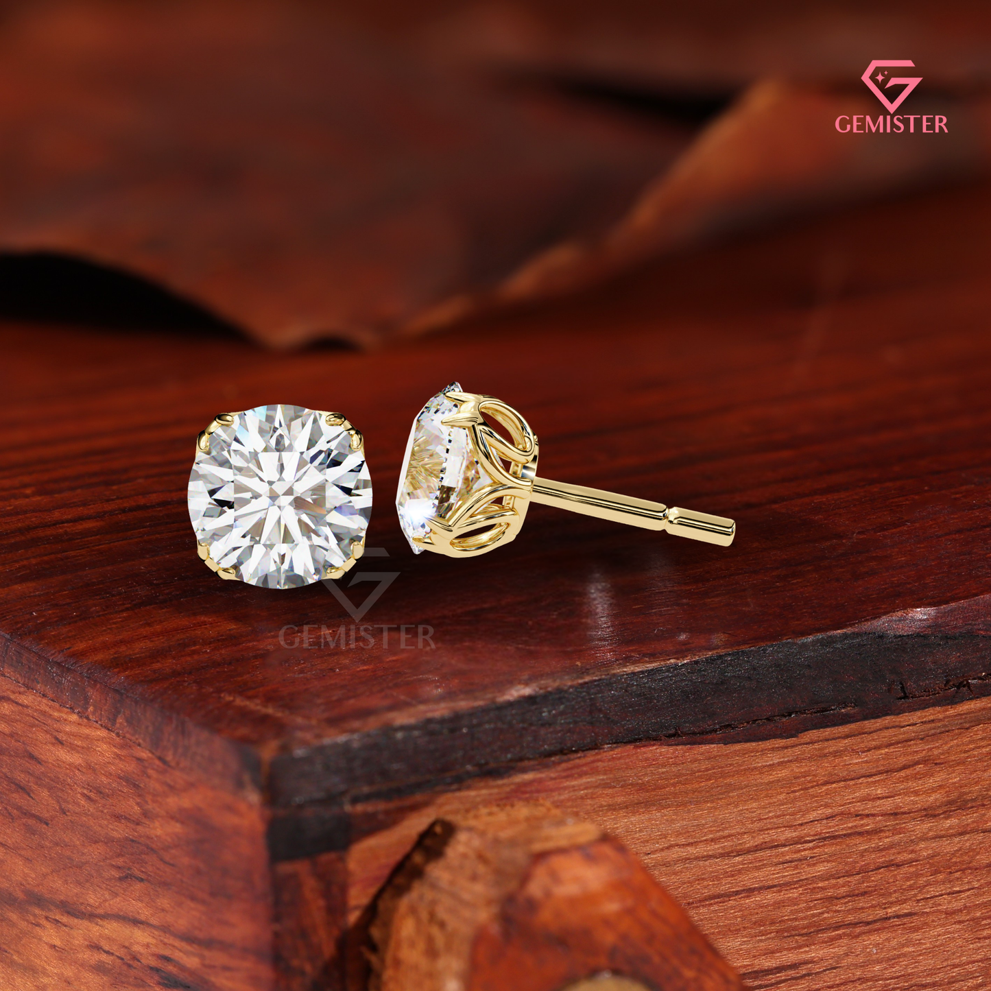 Round Brilliant-Cut Moissanite Double-Prong Stud Earrings | 14K Gold