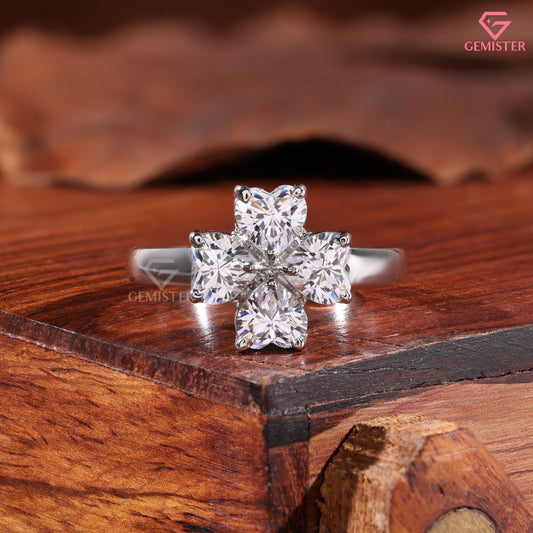 Heart Cut Diamond Clover Floral Statement Ring in 14K White Gold