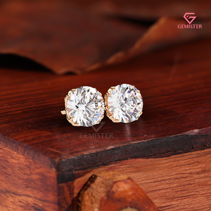 Round Brilliant-Cut Moissanite Double-Prong Stud Earrings | 14K Gold
