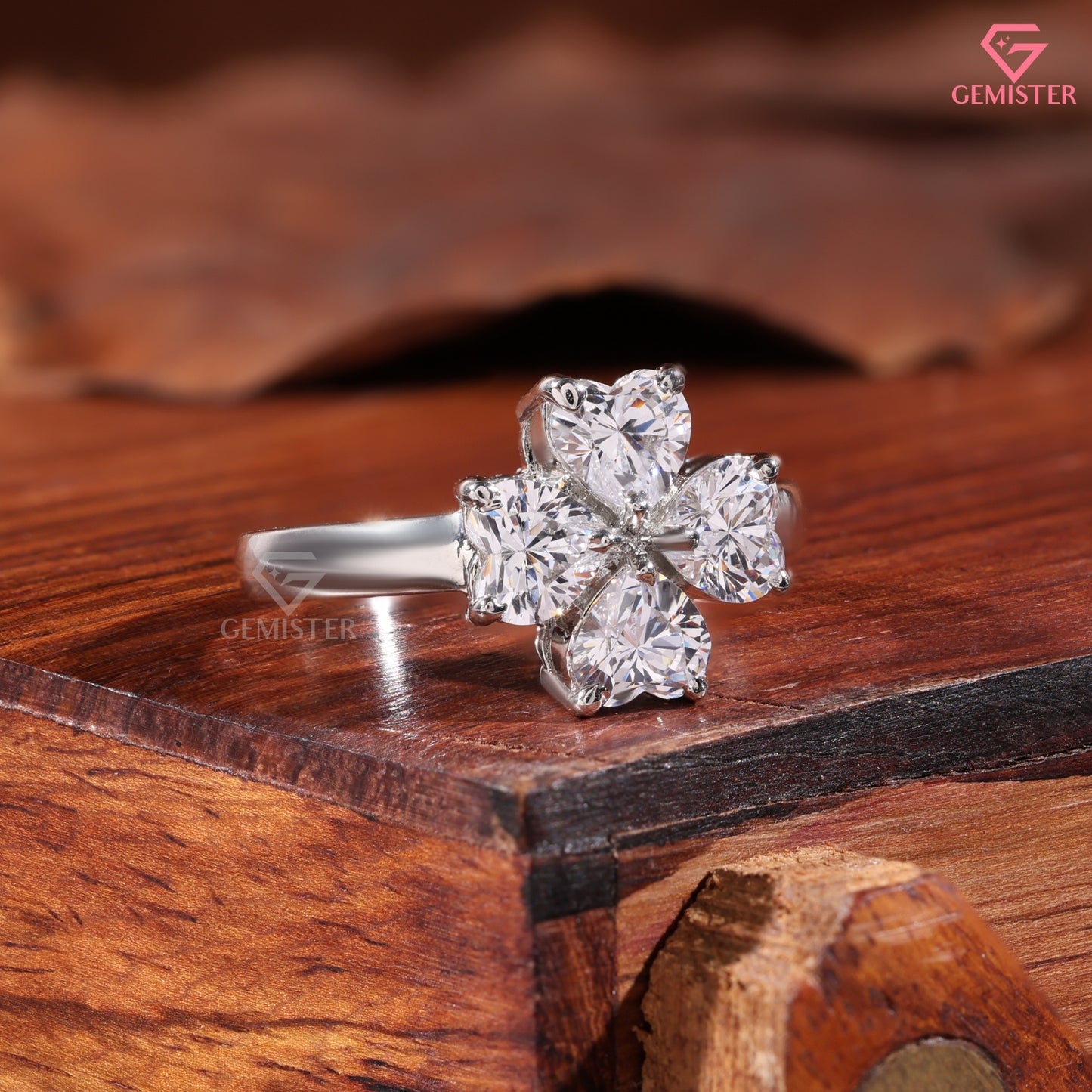 Heart Cut Diamond Clover Floral Statement Ring in 14K White Gold