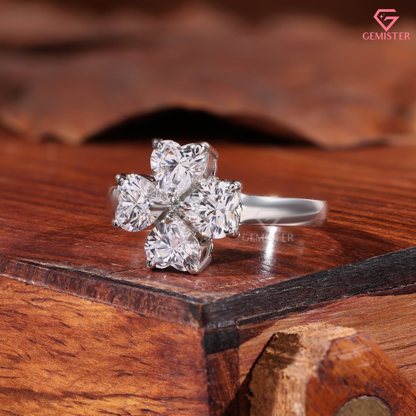 Heart Cut Diamond Clover Floral Statement Ring in 14K White Gold