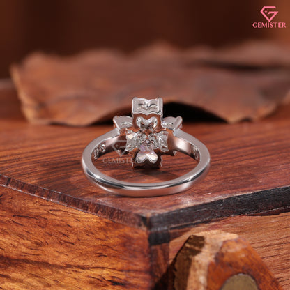 Heart Cut Diamond Clover Floral Statement Ring in 14K White Gold