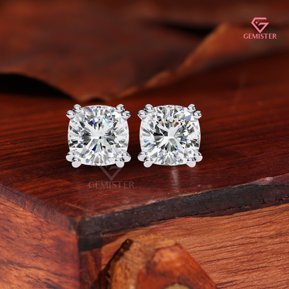 Cushion-Cut Moissanite Double-Prong Solitaire Studs | 14K Gold