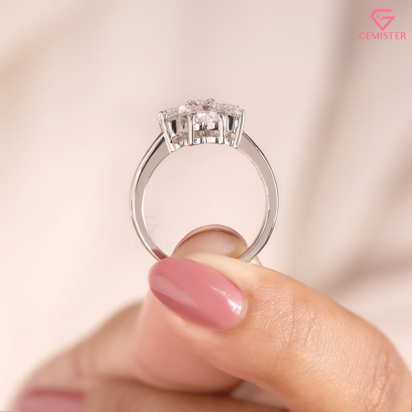Heart Cut Diamond Clover Floral Statement Ring in 14K White Gold