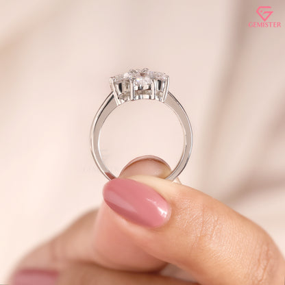Heart Cut Diamond Clover Floral Statement Ring in 14K White Gold