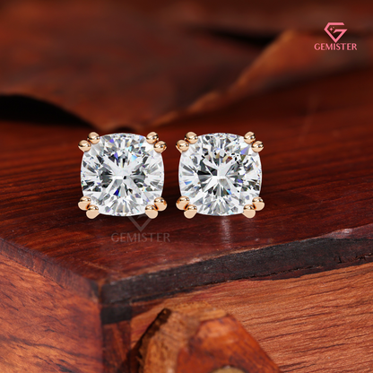 Cushion-Cut Moissanite Double-Prong Solitaire Studs | 14K Gold