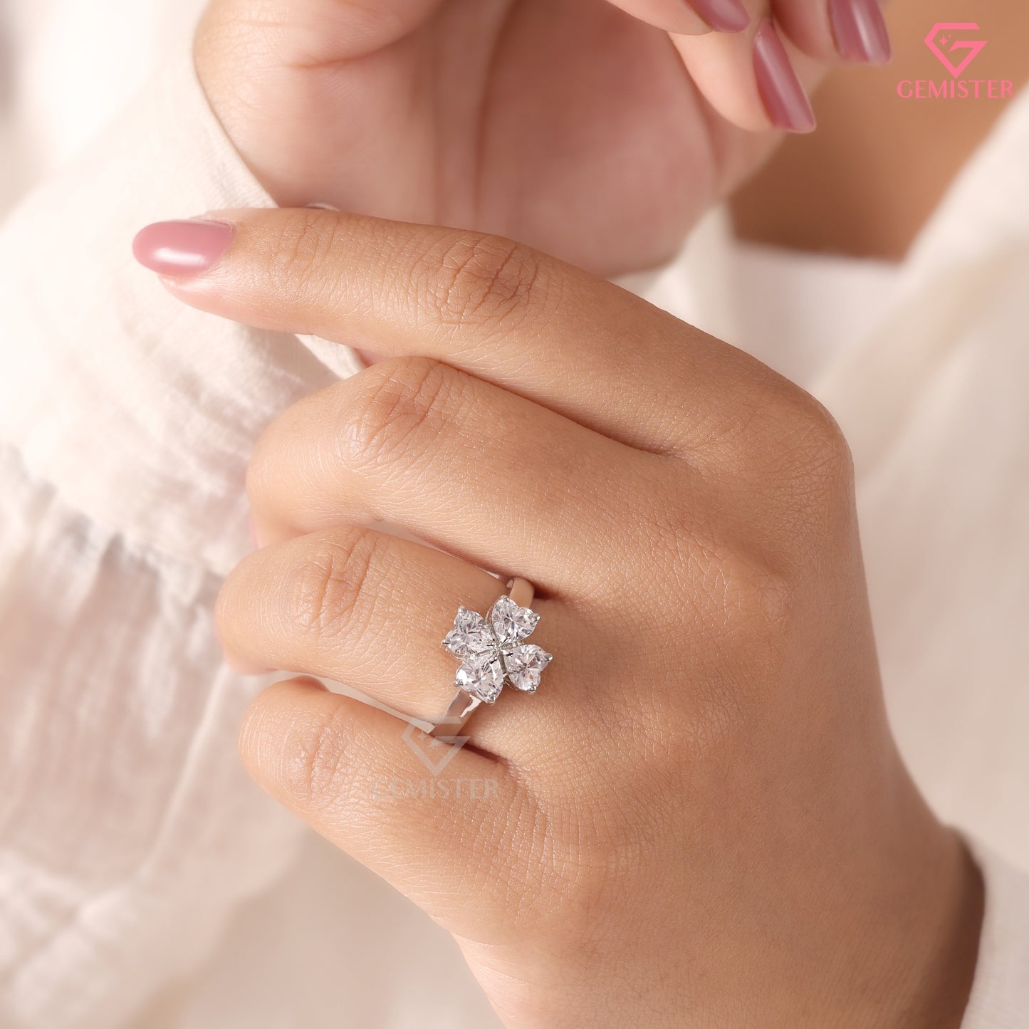 Heart Cut Diamond Clover Floral Statement Ring in 14K White Gold