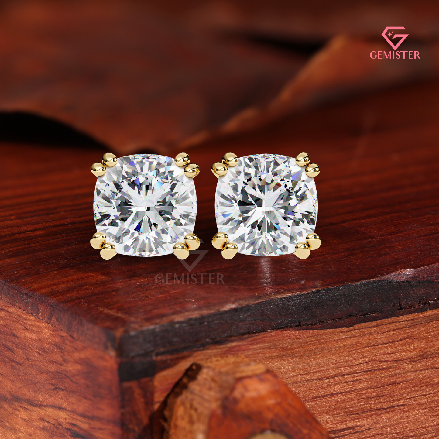 Cushion-Cut Moissanite Double-Prong Solitaire Studs | 14K Gold