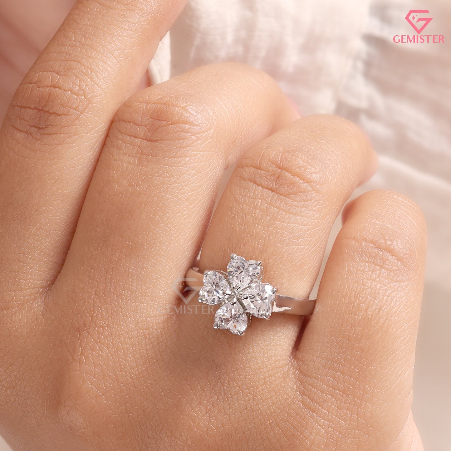 Heart Cut Diamond Clover Floral Statement Ring in 14K White Gold